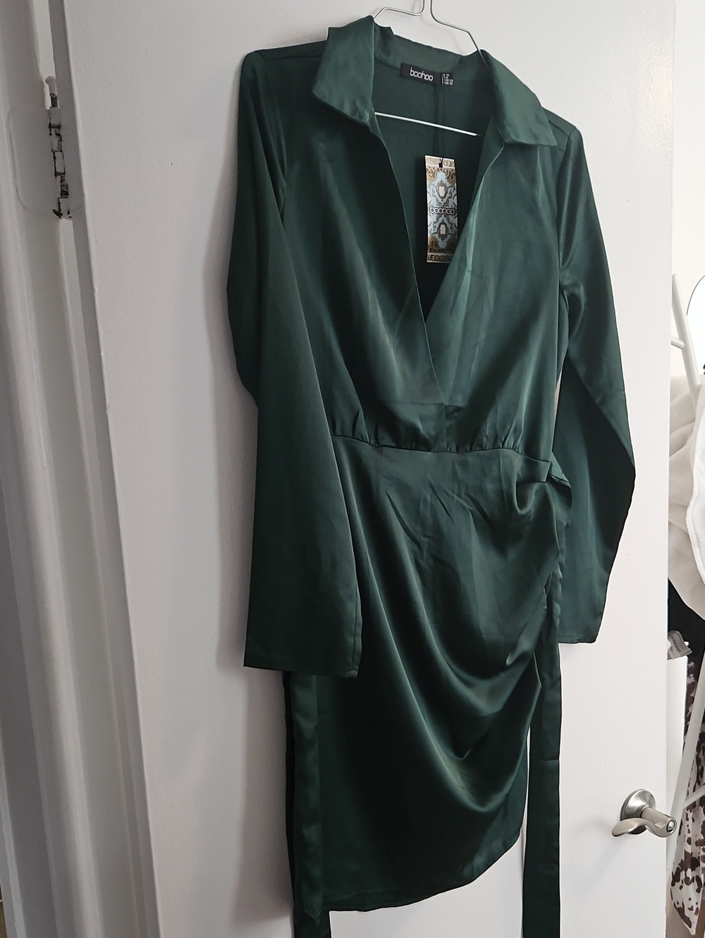 Boohoo Dark Green Satin Long Sleeve Wrap Dress
